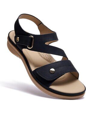 Women's Stylish Black Arch Support Comfortable Flats Adjustable Slip On Sandals